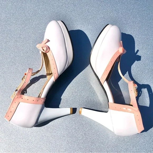 Mary Jane Pinup T-Strap Chunky High Heels Platform Round Toe Pumps & Bow Size 9 - Picture 9 of 16